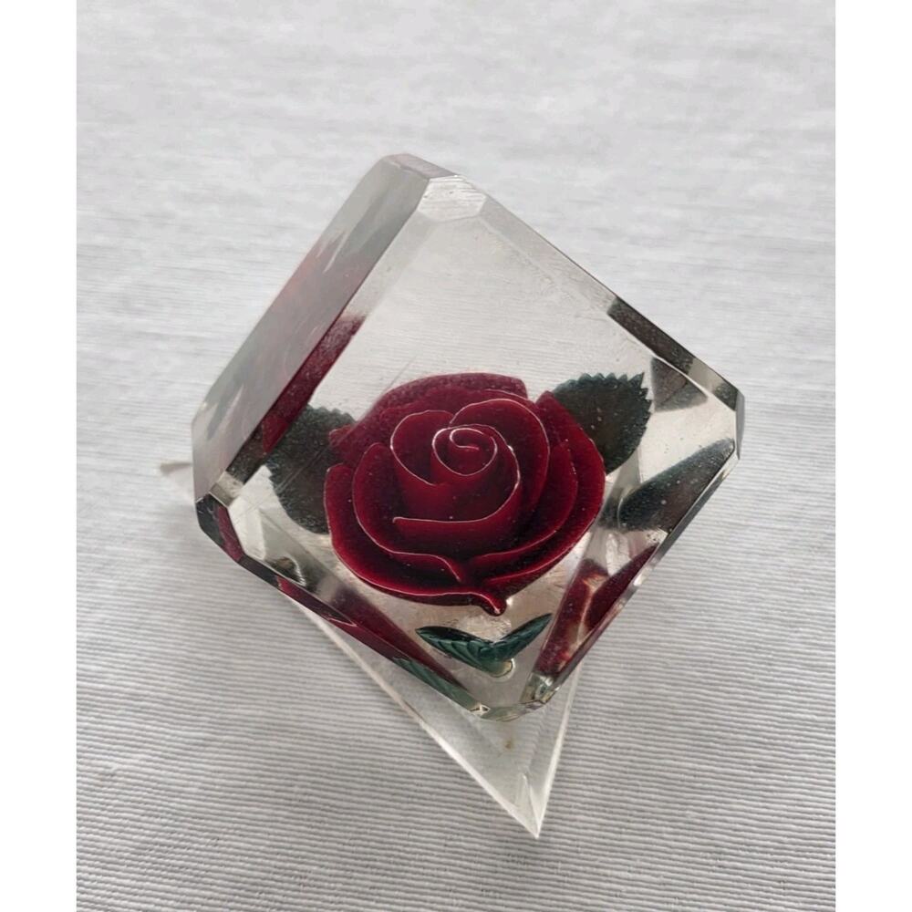 Vintage Red Rose Paperweight Acrylic Gorgeous Bircraft Lucite Cube Clear